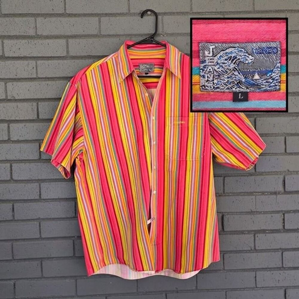 Vintage 90s Kenzo Jeans Multicolored Striped Short Sleeve Button-Down Shirt L